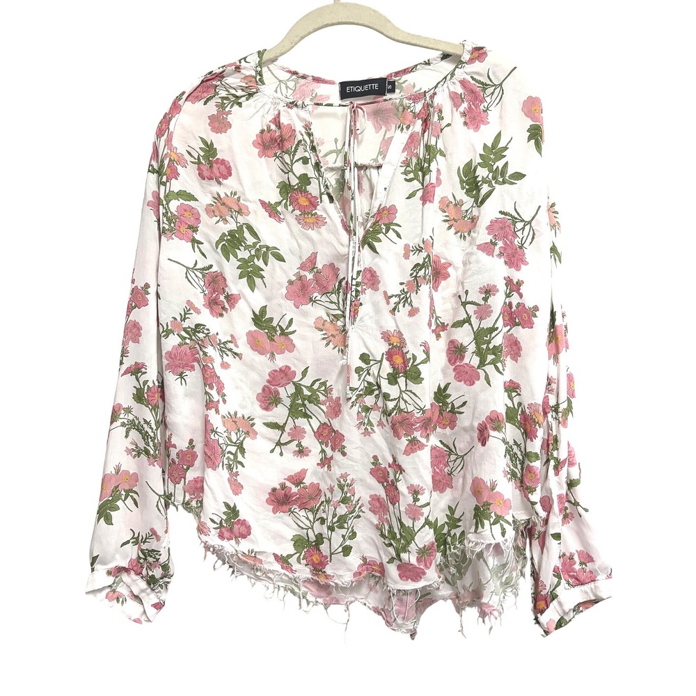 Etiquette Blouse White Pink Floral Boho Raw Hem Tie Neck‎ Small